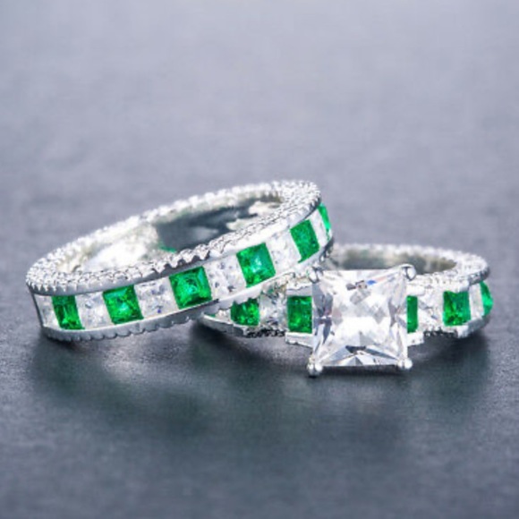 2pcs/set Princess Cut Sapphire 925 Silver Ring - Picture 2 of 4